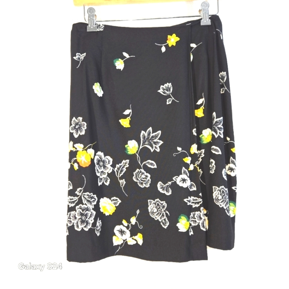 KATHIE LEE SKIRT  BLACK WHITE YELLOW 90'S FLORAL USA WRAP LOOK SIZE 8